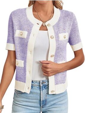 Lavender 💜 short sleeved cardigan sweater pearl & gold button accents large